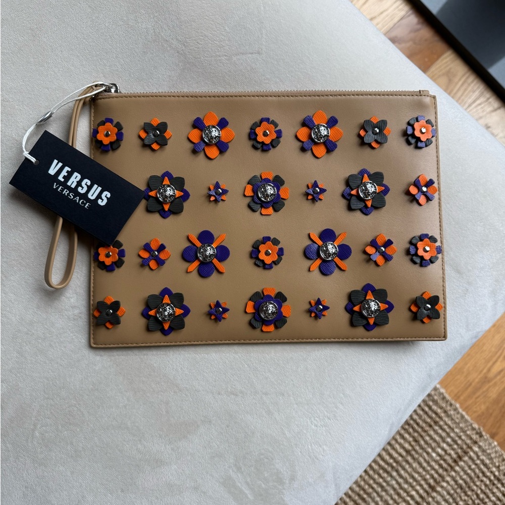 Versus Versace Tan Clutch with Orange and Purple Floral Design